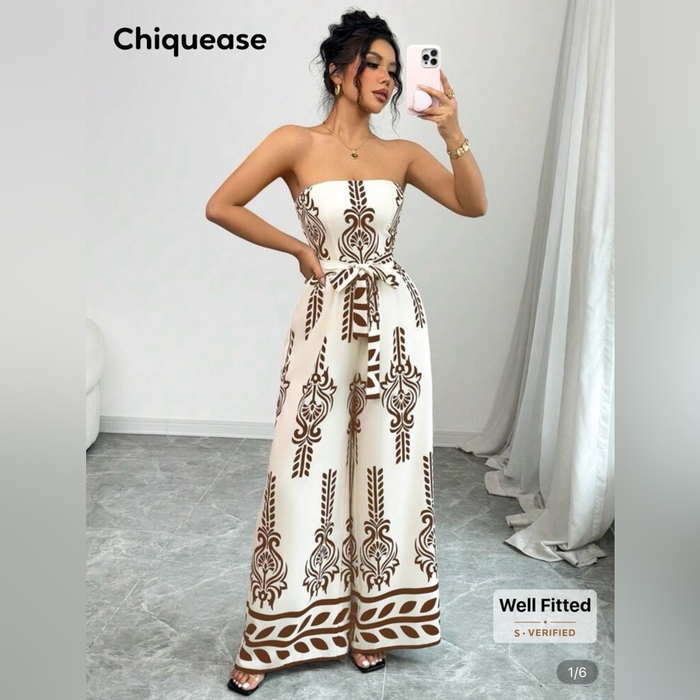 Chiquease Strapless Jumpsuit with Brown Pattern
